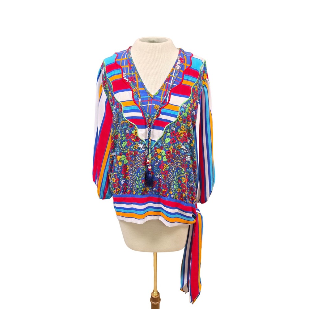 Diane Freis Blouse Womens M Multicolor Good Mixed Print Tassel Boho Top